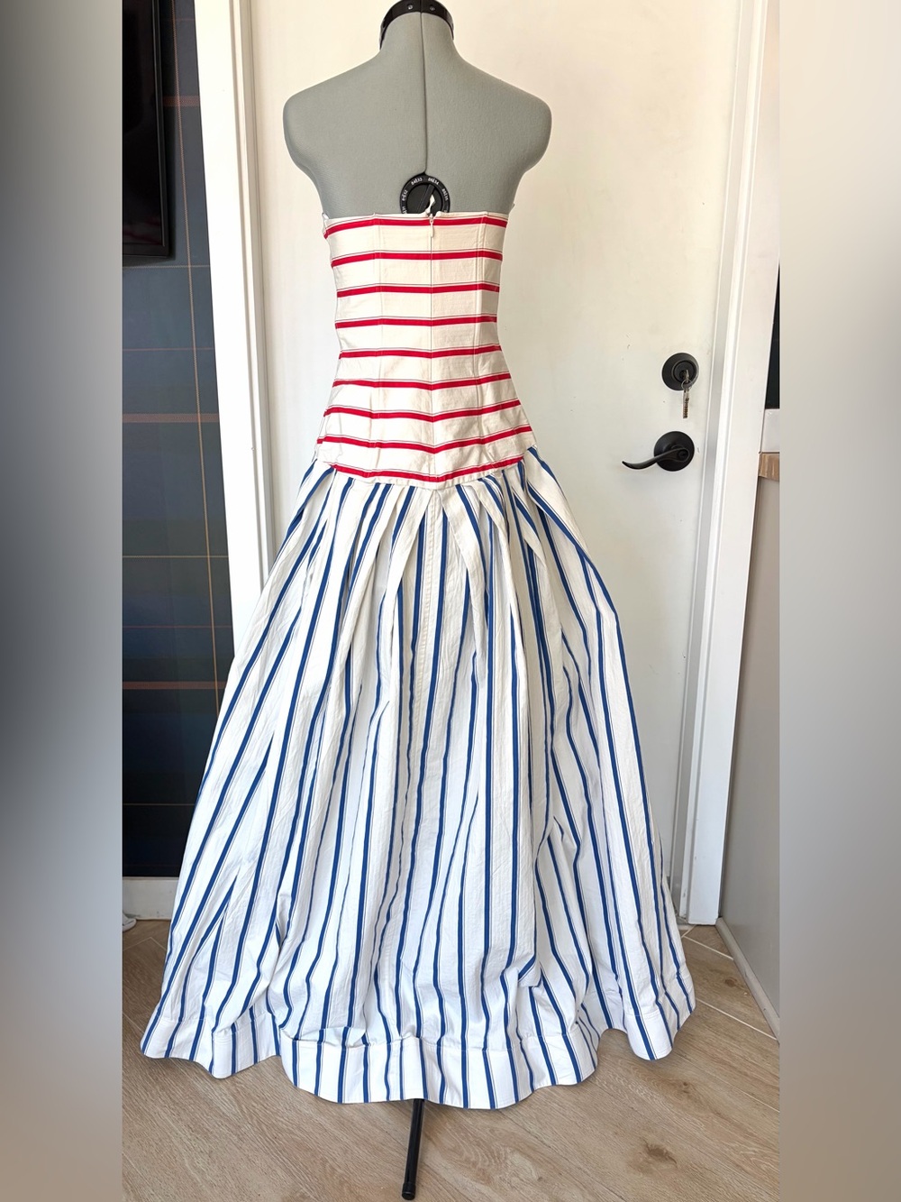 Rosie Assoulin Drop Waist Strapless Cotton Gown, red/blue stripes, slit, 0, EUC - Picture 7 of 16